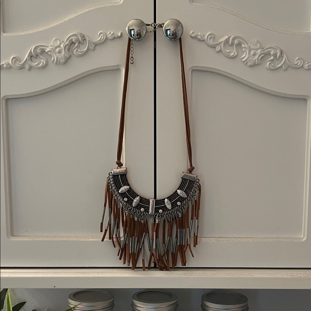 Bohemian Fringe Necklace in Brown and Silver